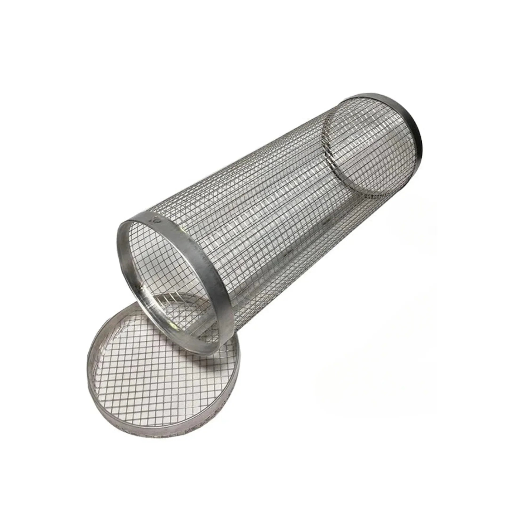 Stainless steel BBQ mesh tube for grilling and smoking on white background