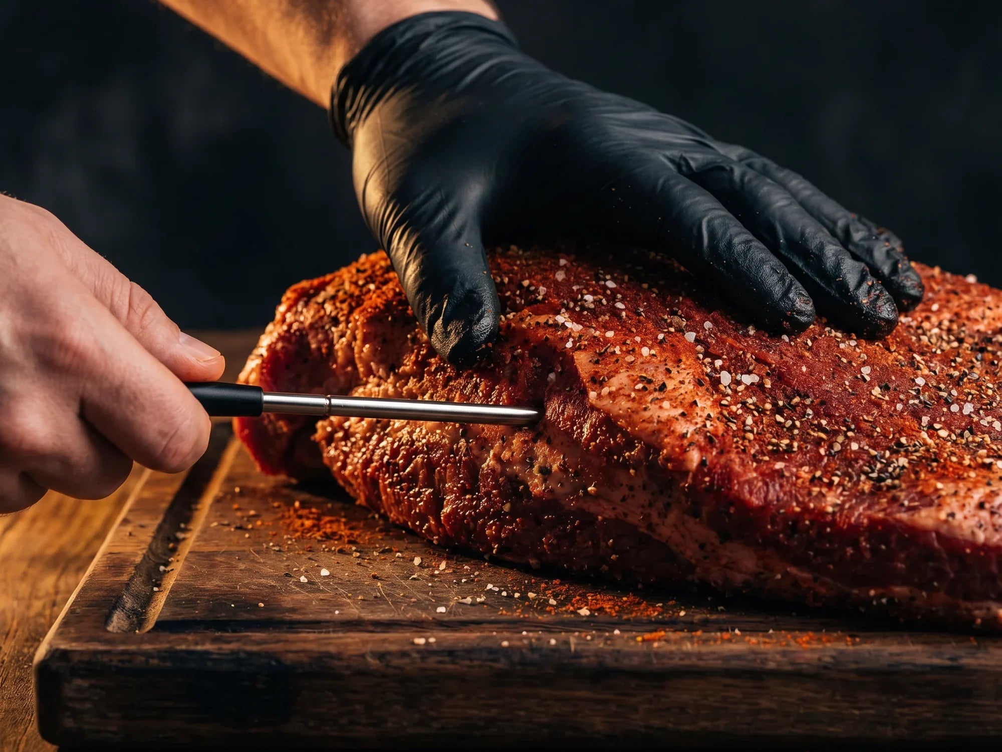 Inserting a meat thermometer into seasoned BBQ brisket on a wooden board