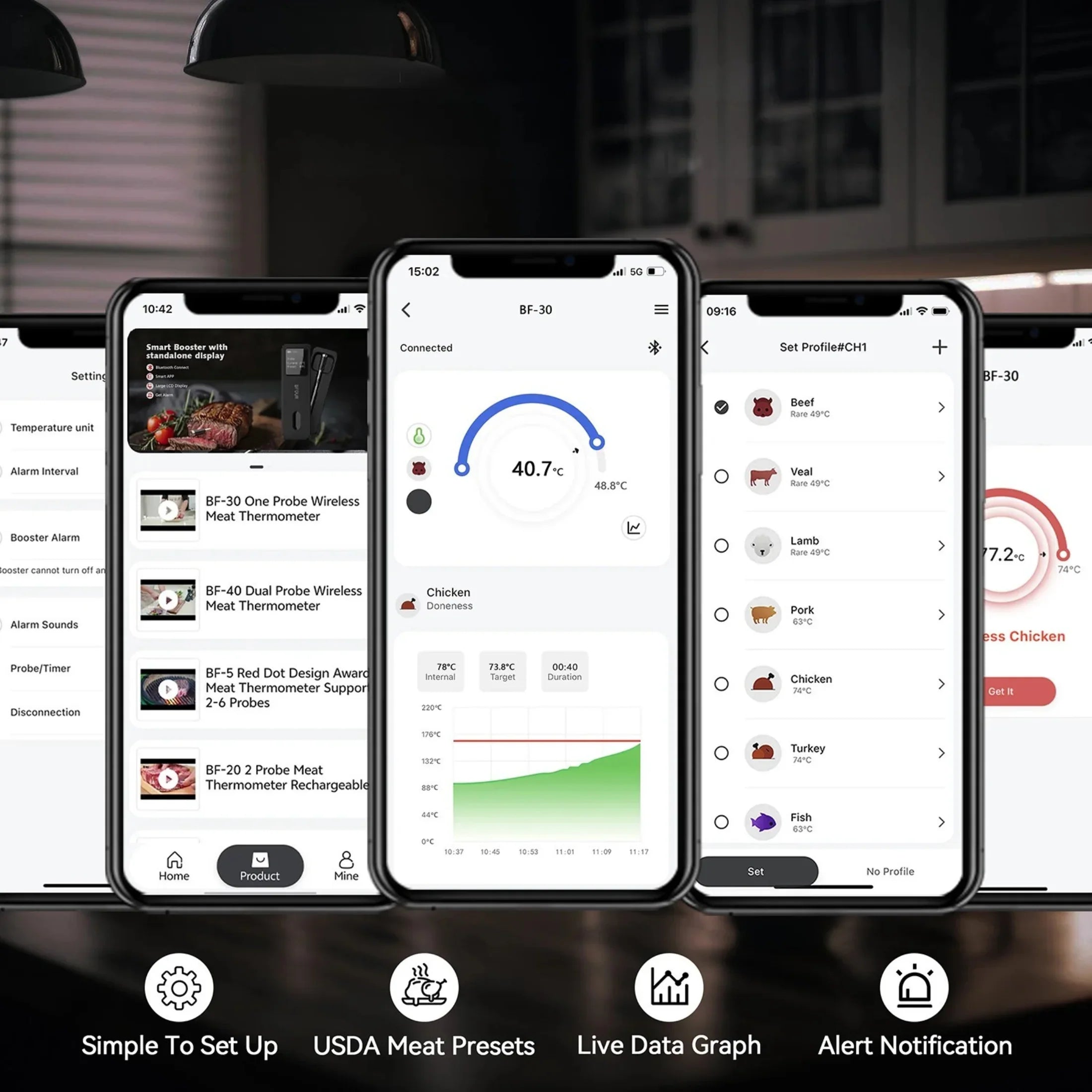 Wireless meat thermometer app displayed on smartphones showing temperature, USDA meat presets, and cooking alerts.
