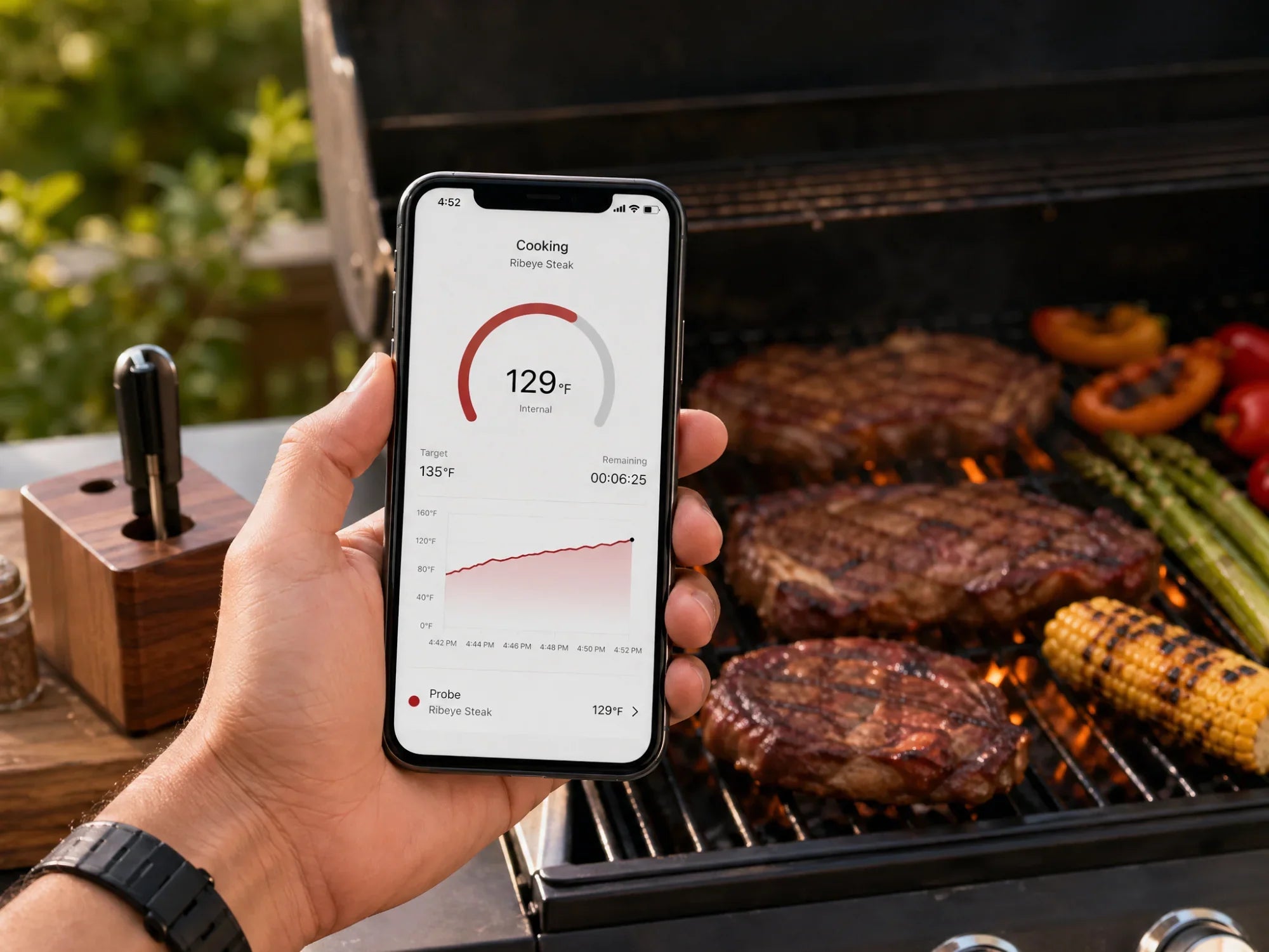 Hand holding phone with wireless meat thermometer app in front of BBQ grill with steaks and vegetables.