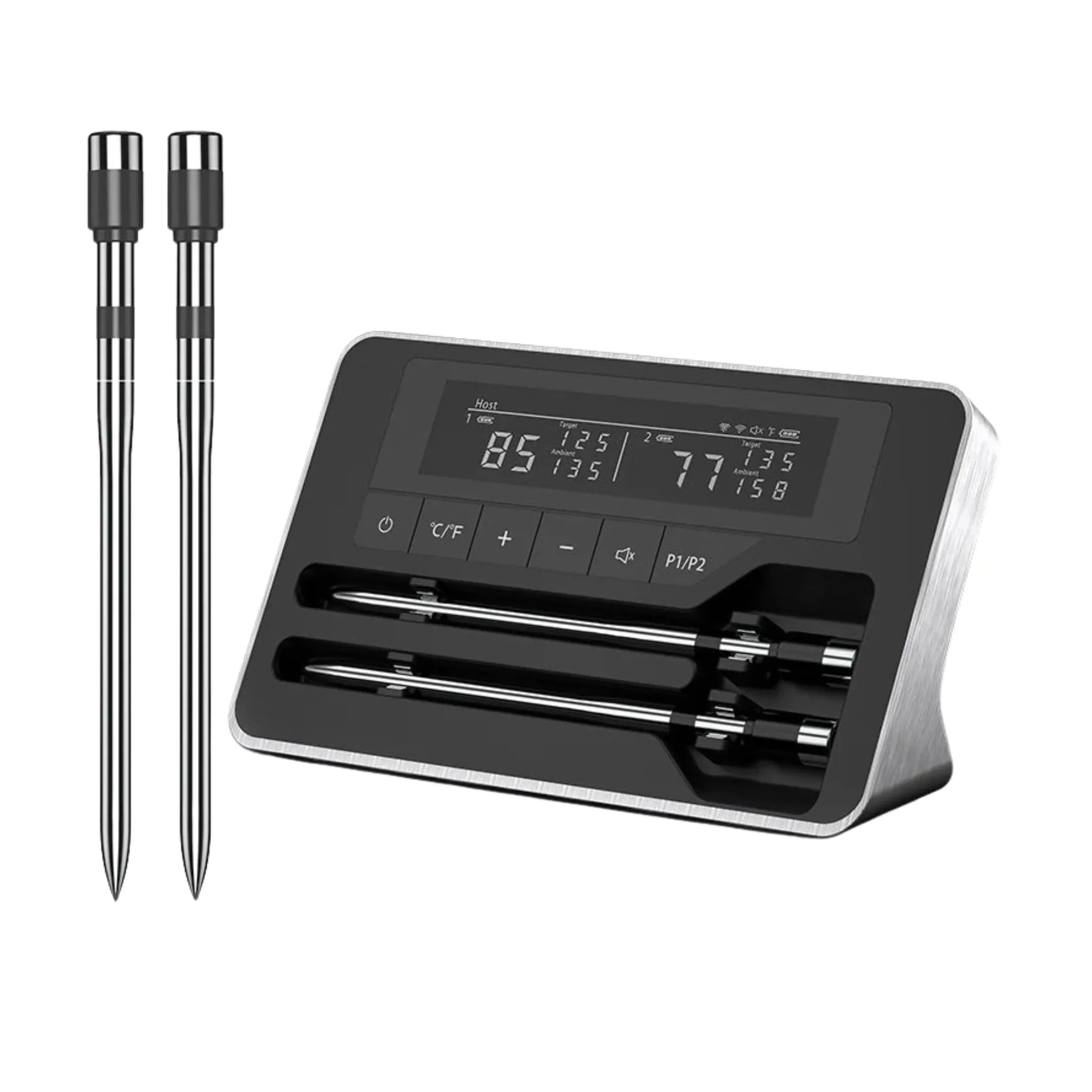Digital wireless meat thermometer with dual probes and LED display for BBQ grilling