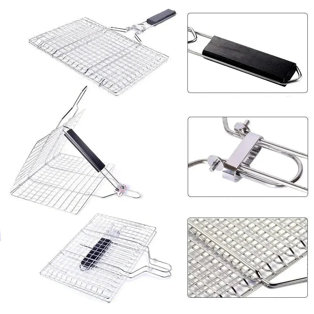 Stainless steel BBQ grill basket with foldable handle for outdoor cooking and grilling