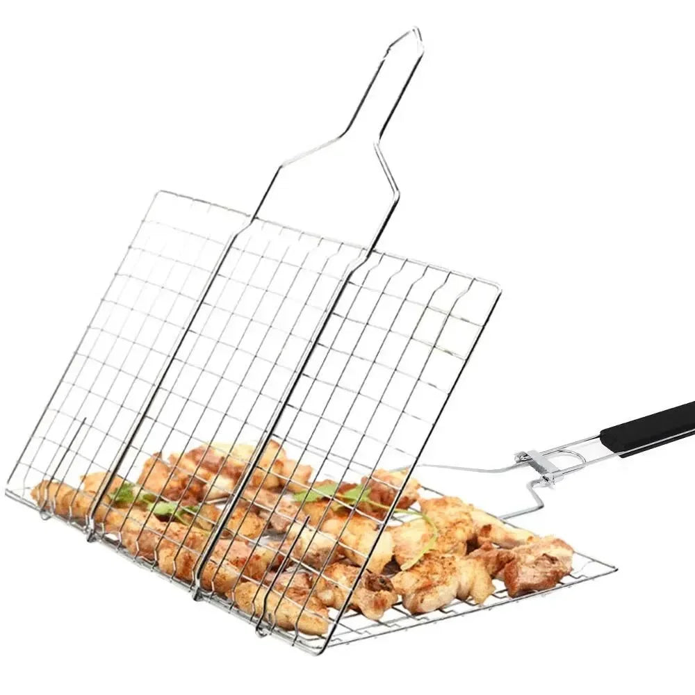 Stainless steel BBQ grill basket with grilled chicken pieces and herbs, outdoor cooking tool