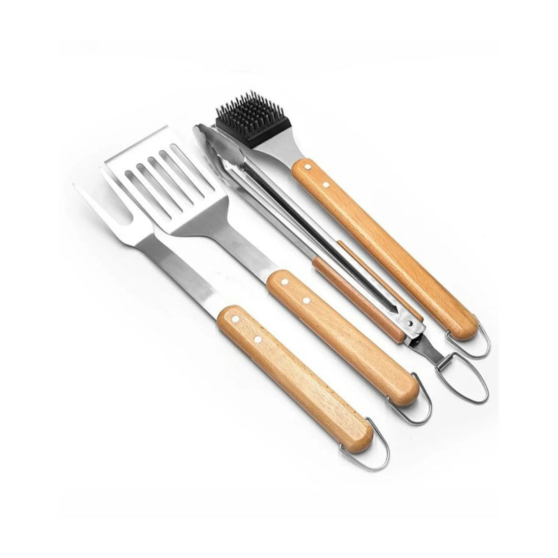 BBQ grill tool set with wood handles, includes spatula, fork, tongs, and grill brush