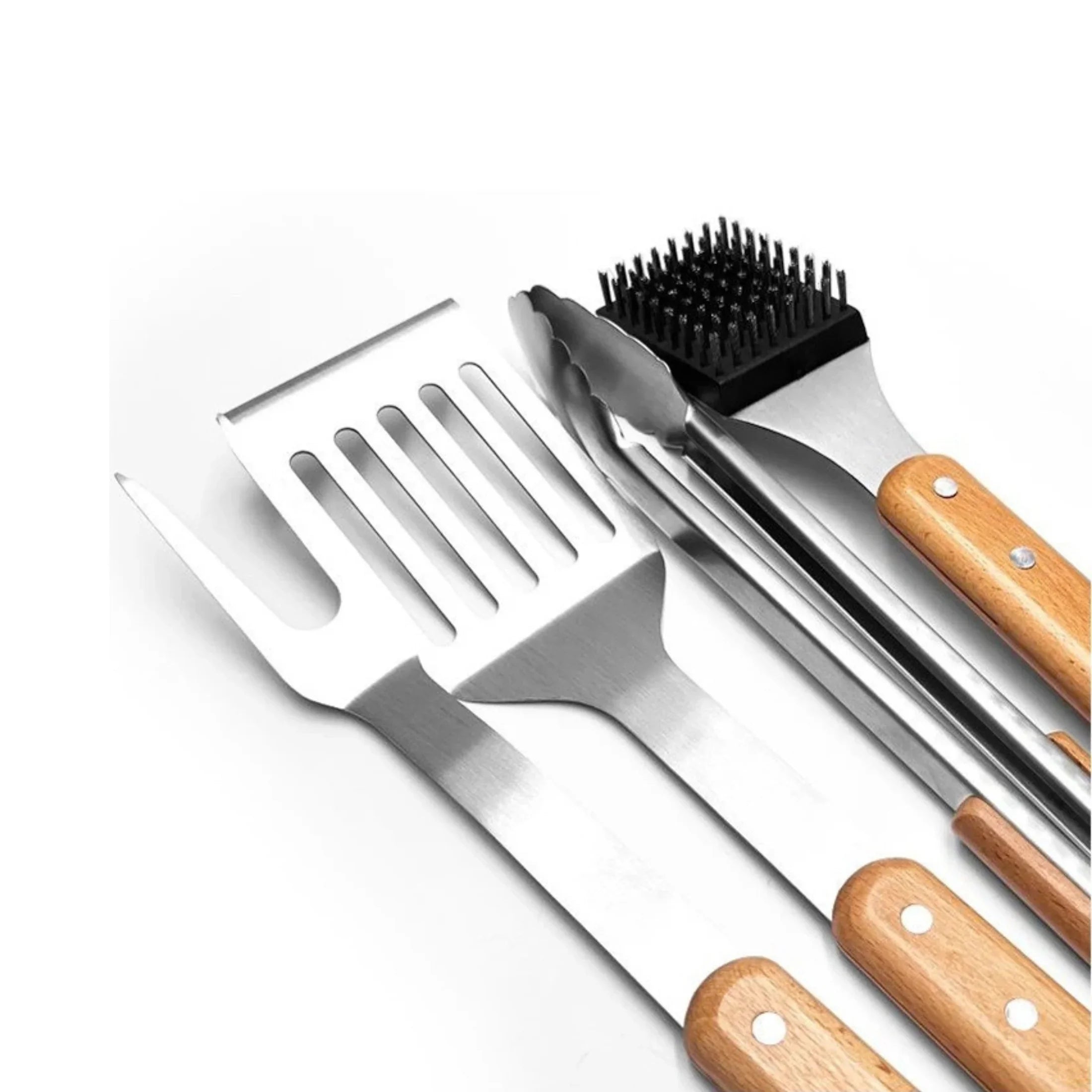 Stainless steel BBQ tool set with wood handles including spatula, tongs, and grill brush