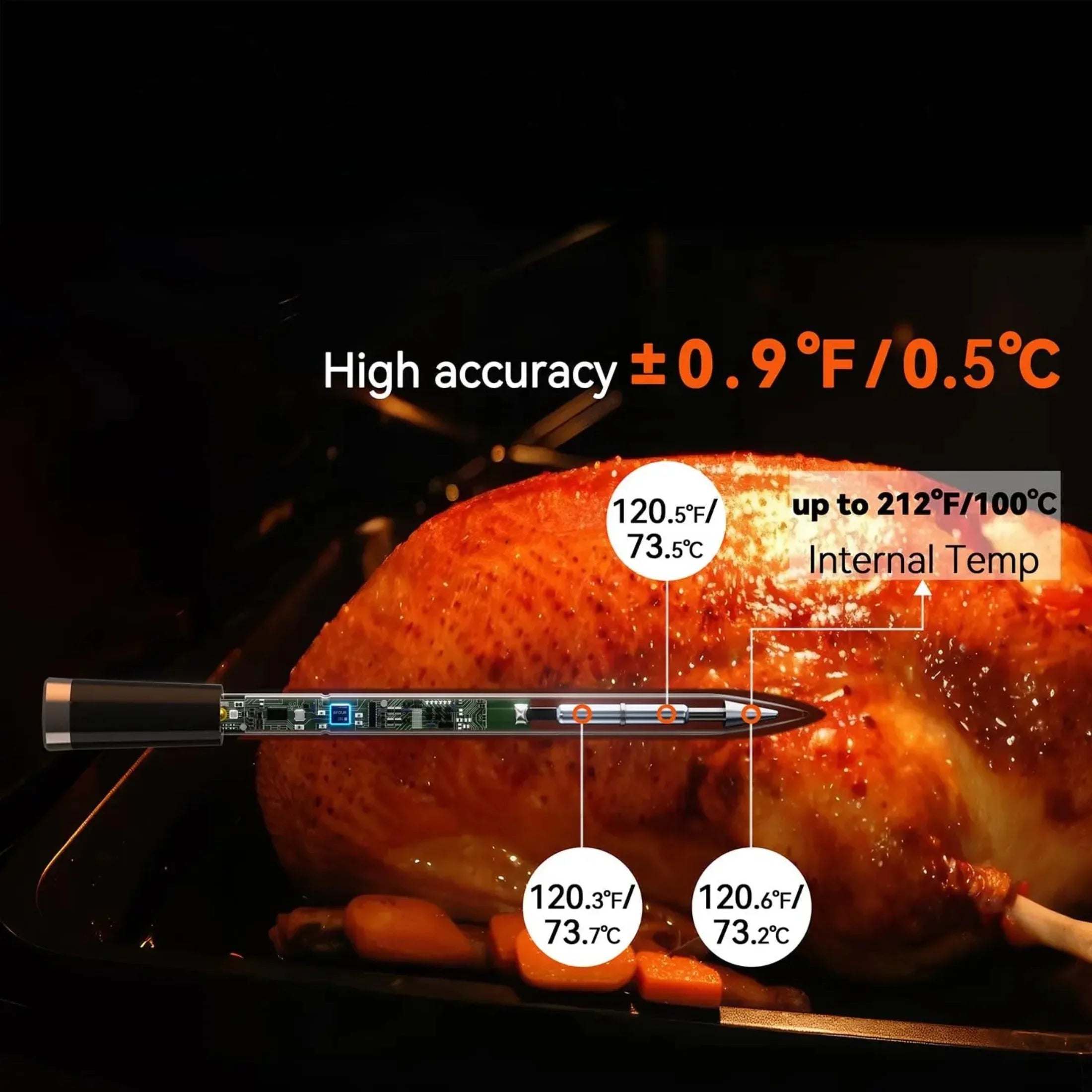Wireless meat thermometer measuring internal temperature of roasted chicken in oven