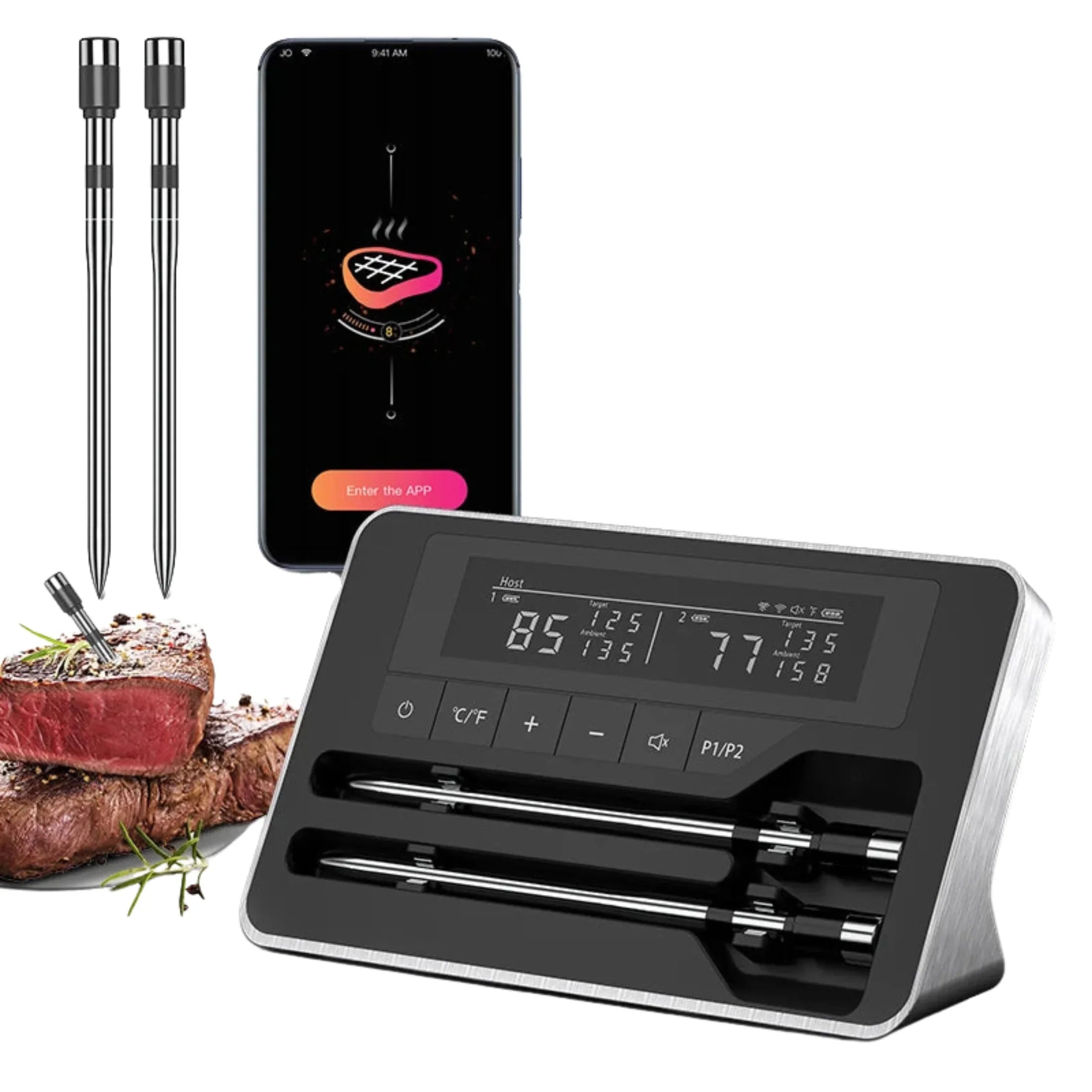 Wireless meat thermometer set with digital display, BBQ probes, and smartphone app connection