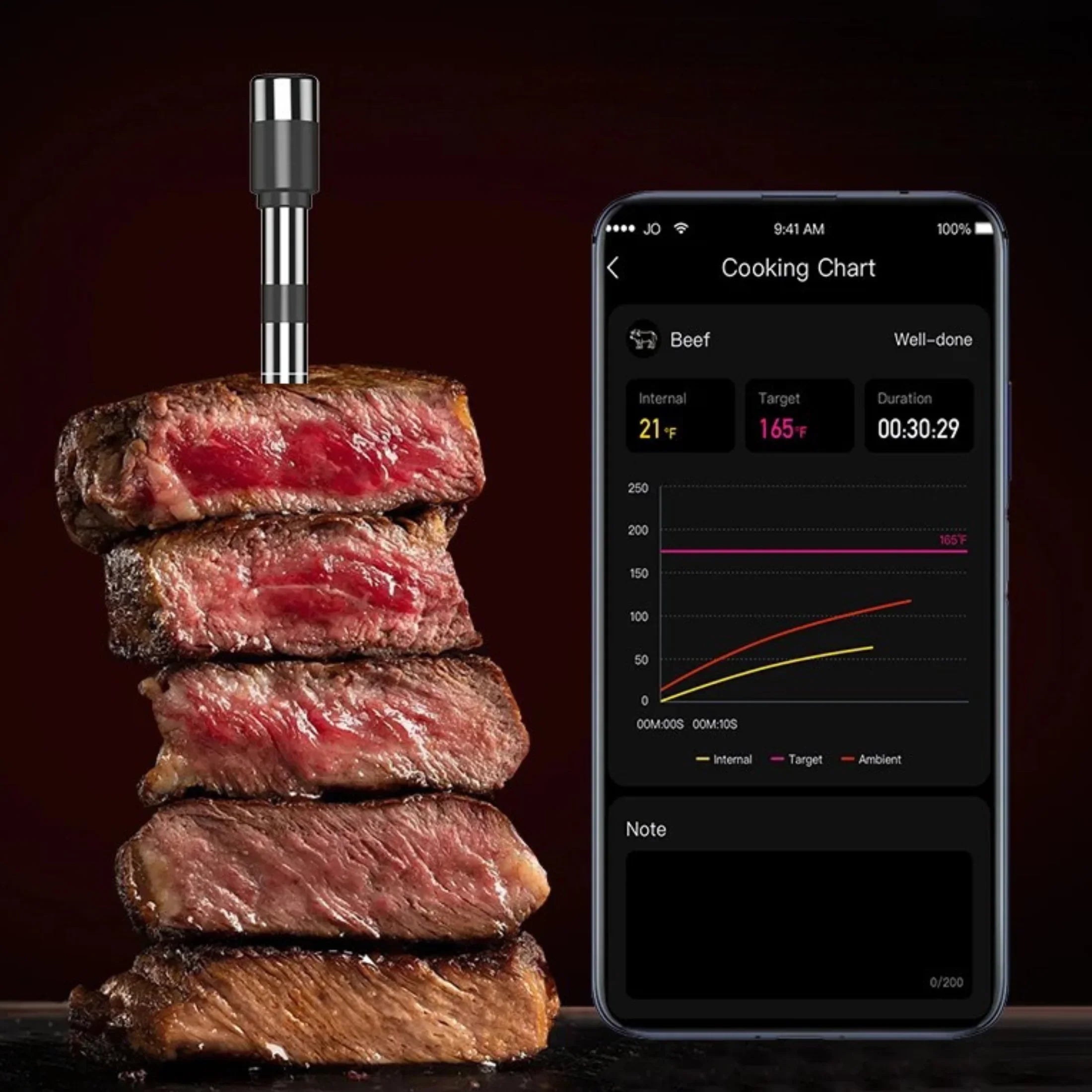 Wireless meat thermometer in steak stack next to smartphone grilling app display