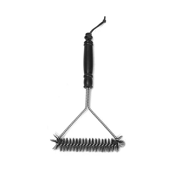 Stainless steel BBQ grill cleaning brush with black handle for outdoor cooking