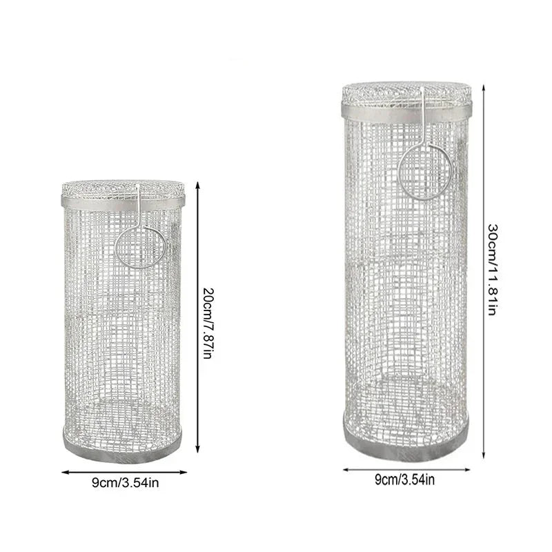 Two stainless steel BBQ mesh baskets with lids and hooks, shown in 20cm and 30cm sizes.