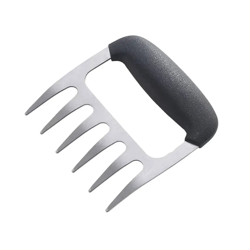 Stainless steel BBQ meat shredder with black ergonomic handle for grilling and carving.