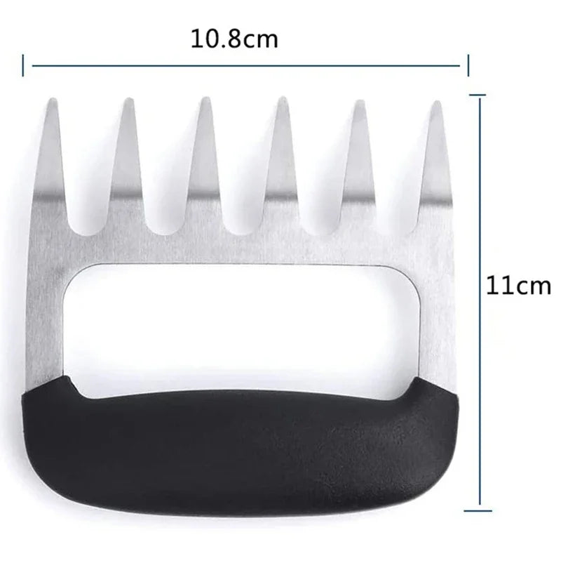 Stainless steel BBQ meat shredder claw with black handle, 10.8cm by 11cm, grilling tool