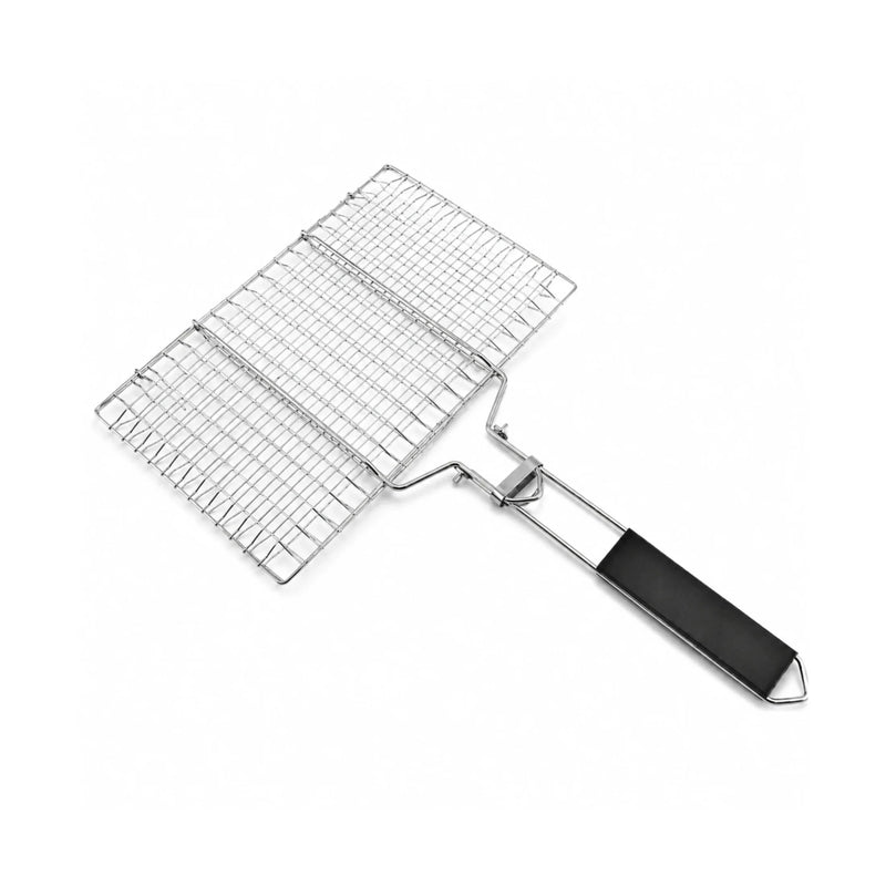 Stainless steel BBQ grill basket with black heat-resistant handle on white background