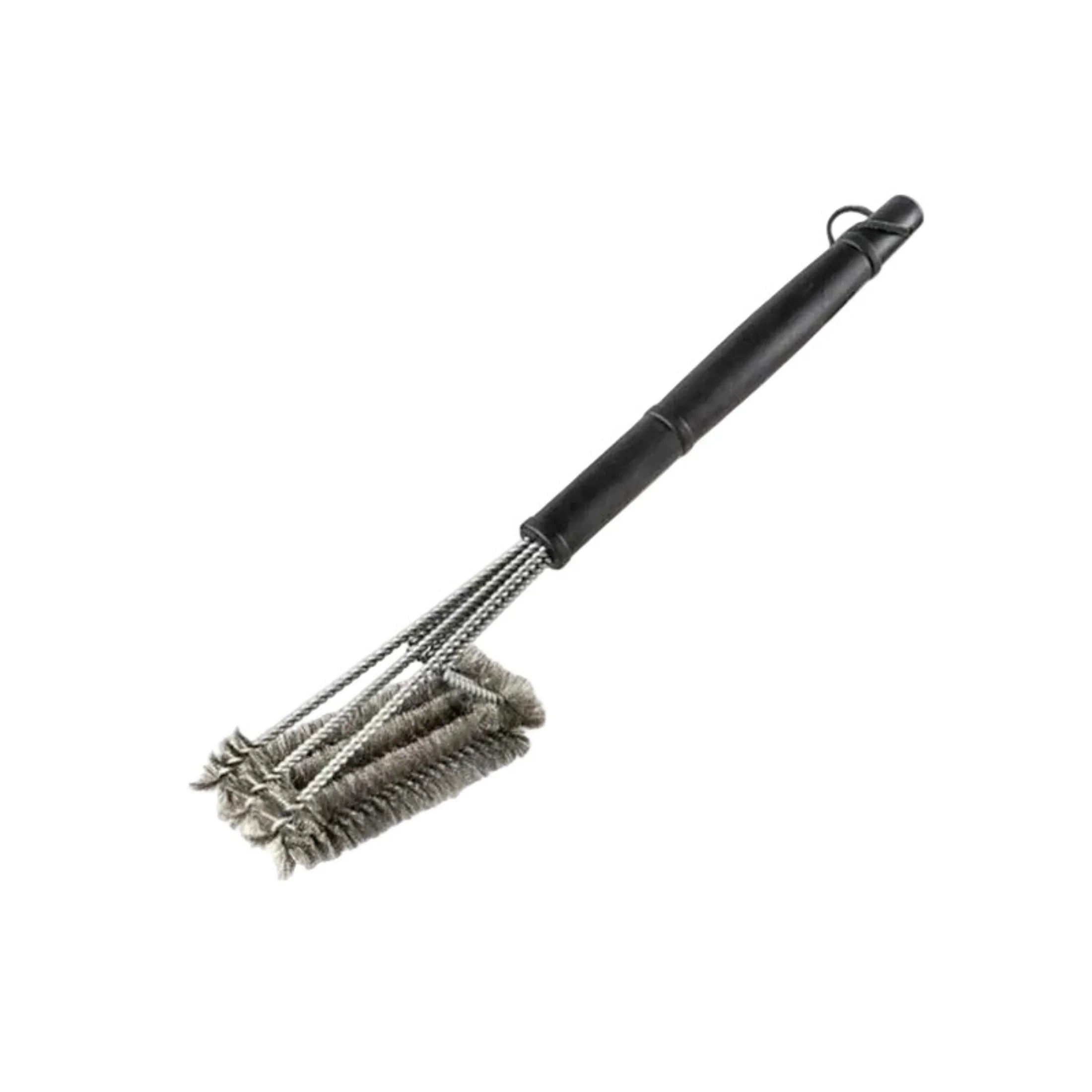 Stainless steel BBQ grill cleaning brush with black handle on white background