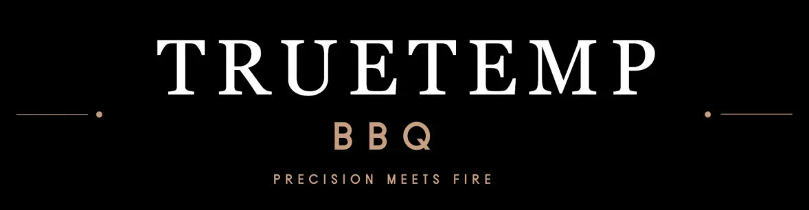 TrueTemp BBQ logo with black background and slogan 'Precision Meets Fire' in gold text