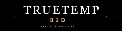 TrueTemp BBQ logo with black background and slogan 'Precision Meets Fire' in gold text